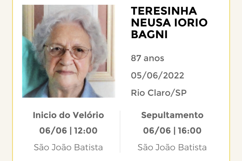 Falecimentos e Sepultamentos – 05/06/2022 – 06/06/2022 - Grupo Rio Claro SP Falecimentos e Sepultamentos – 05/06/2022 – 06/06/2022 - Grupo Rio Claro SP