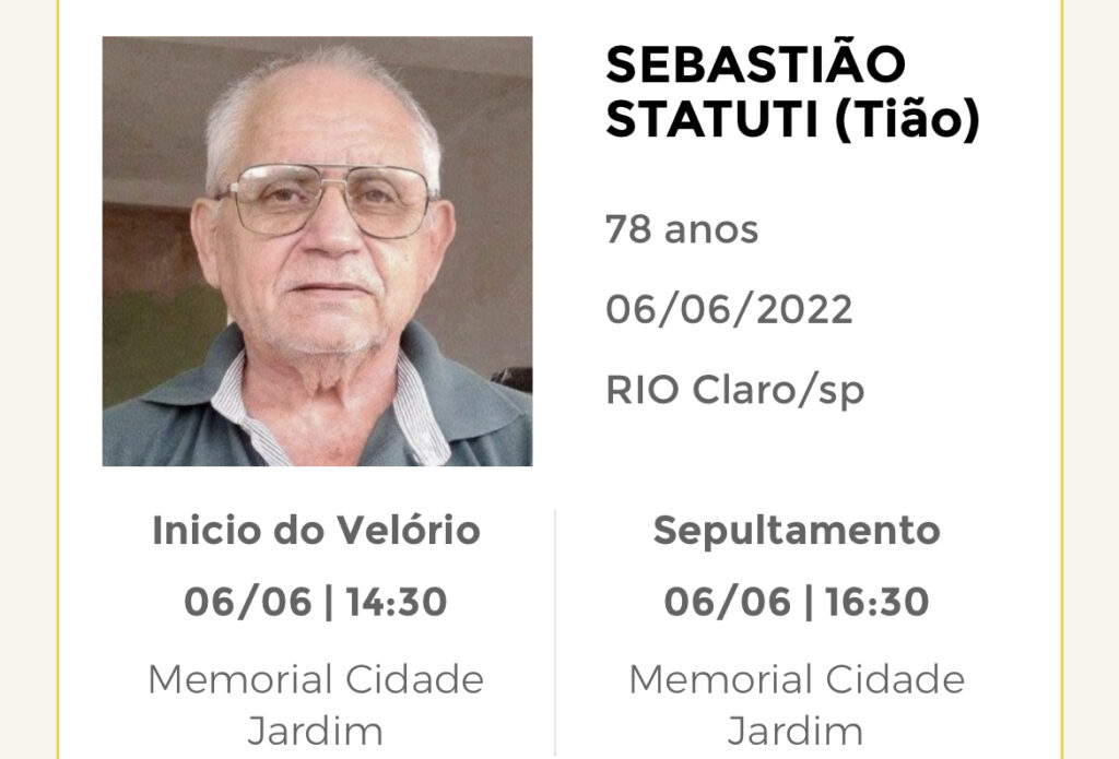 Falecimentos e Sepultamentos – 06/06/2022 – 07/06/2022 - Grupo Rio Claro SP Falecimentos e Sepultamentos – 06/06/2022 – 07/06/2022 - Grupo Rio Claro SP