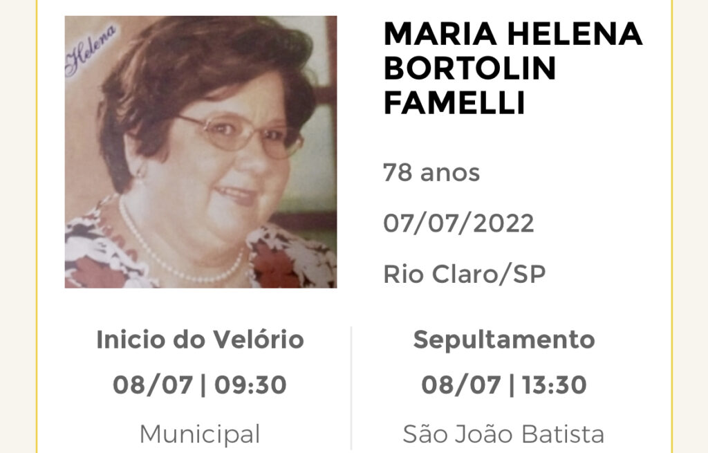 Falecimentos e Sepultamentos – 07/07/2022 – 08/07/2022 - Grupo Rio Claro SP Falecimentos e Sepultamentos – 07/07/2022 – 08/07/2022 - Grupo Rio Claro SP