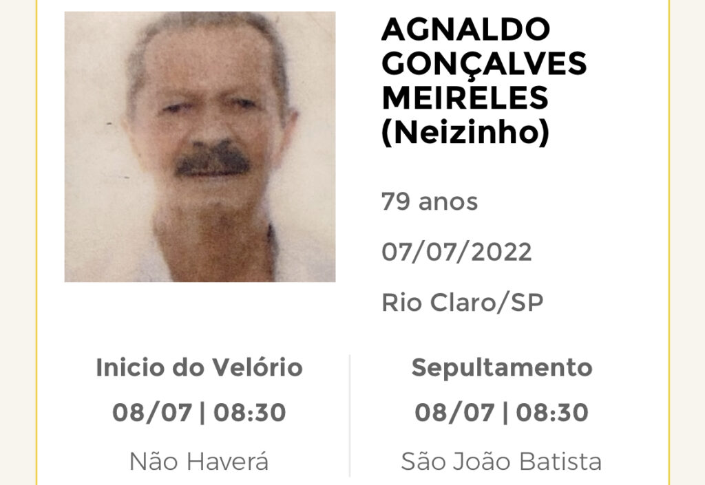 Falecimentos e Sepultamentos – 07/07/2022 – 08/07/2022 - Grupo Rio Claro SP Falecimentos e Sepultamentos – 07/07/2022 – 08/07/2022 - Grupo Rio Claro SP