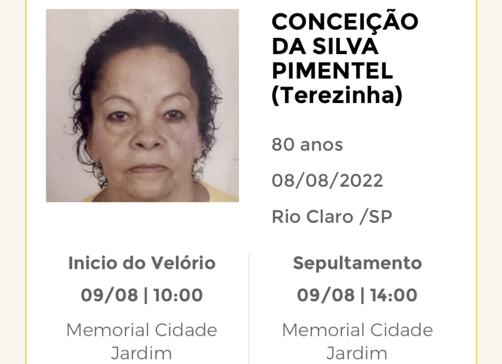 Falecimentos e Sepultamentos – 08/08/2022 – 09/08/2022 - Grupo Rio Claro SP Falecimentos e Sepultamentos – 08/08/2022 – 09/08/2022 - Grupo Rio Claro SP