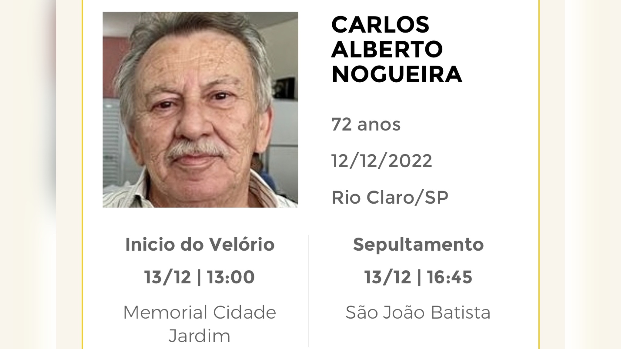 Falecimentos e Sepultamentos – 12/12/2022 – 13/12/2022 - Grupo Rio Claro SP