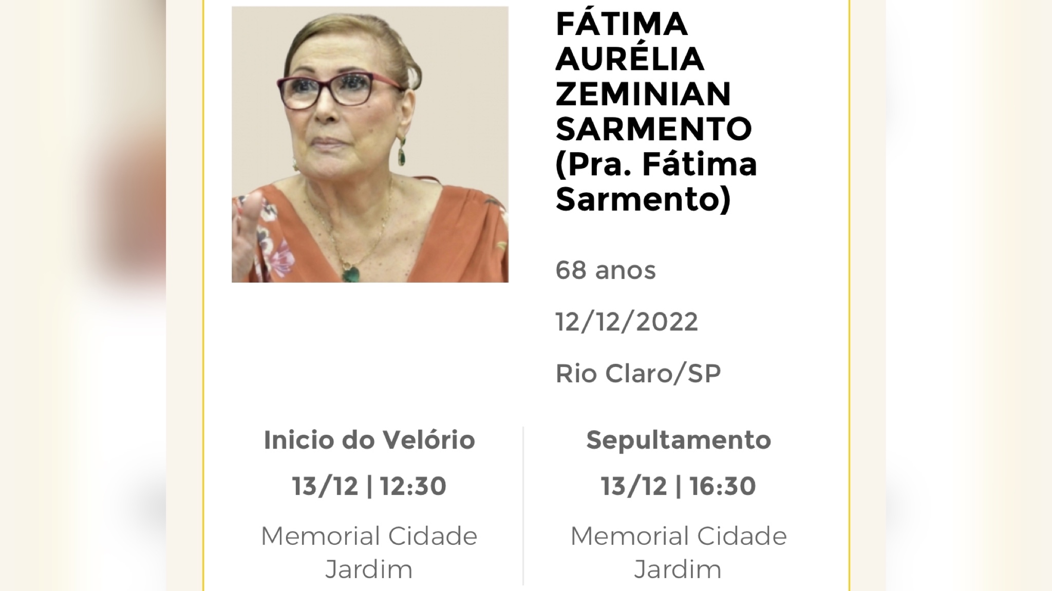 Falecimentos e Sepultamentos – 12/12/2022 – 13/12/2022 - Grupo Rio Claro SP