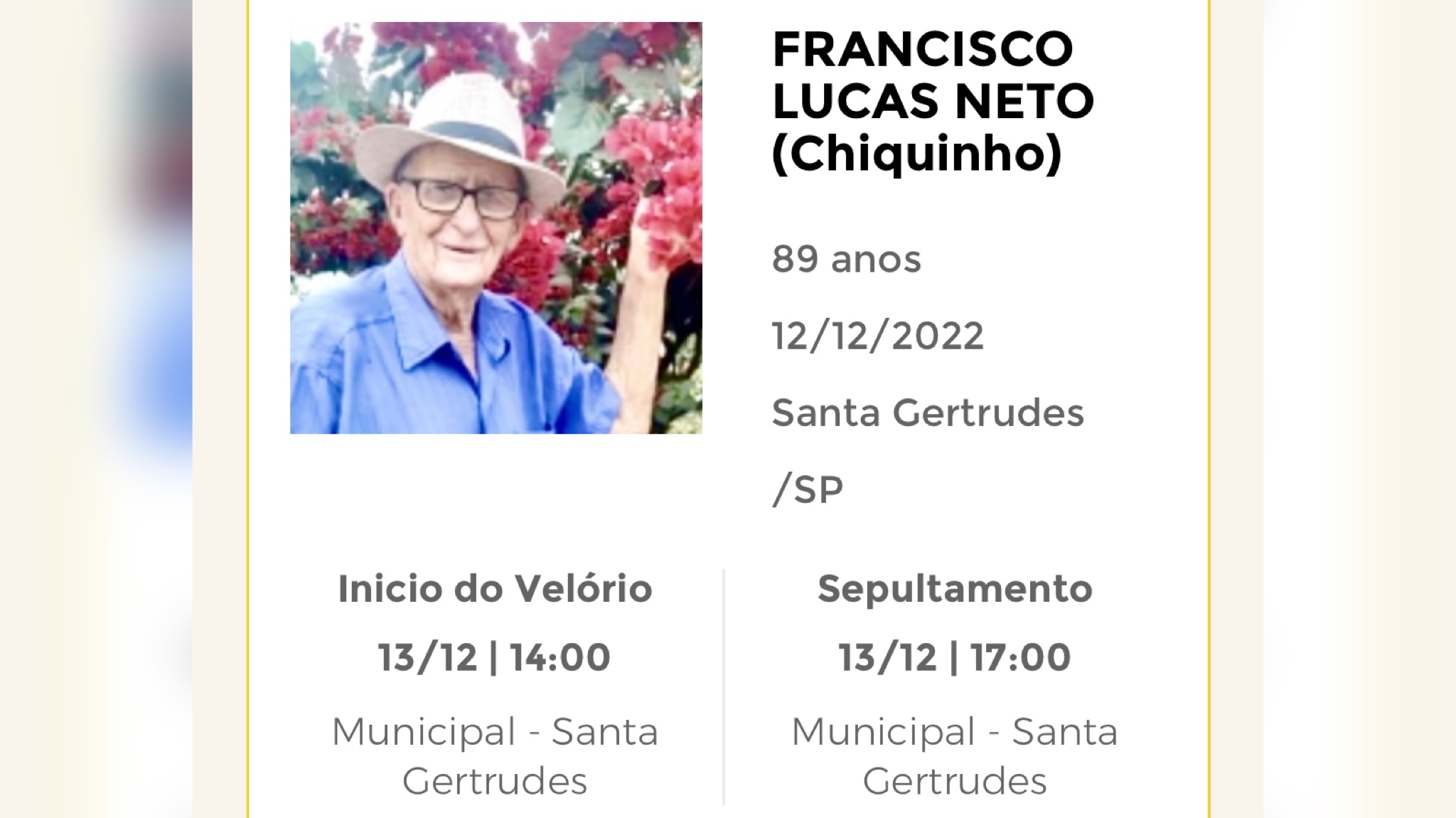 Falecimentos e Sepultamentos – 12/12/2022 – 13/12/2022 - Grupo Rio Claro SP