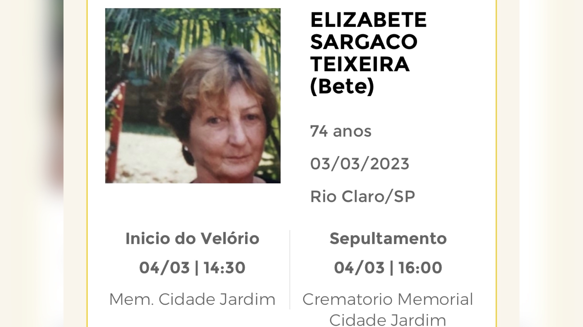 Falecimentos e Sepultamentos – 03/03/2023 – 04/03/2023 - Grupo Rio Claro SP