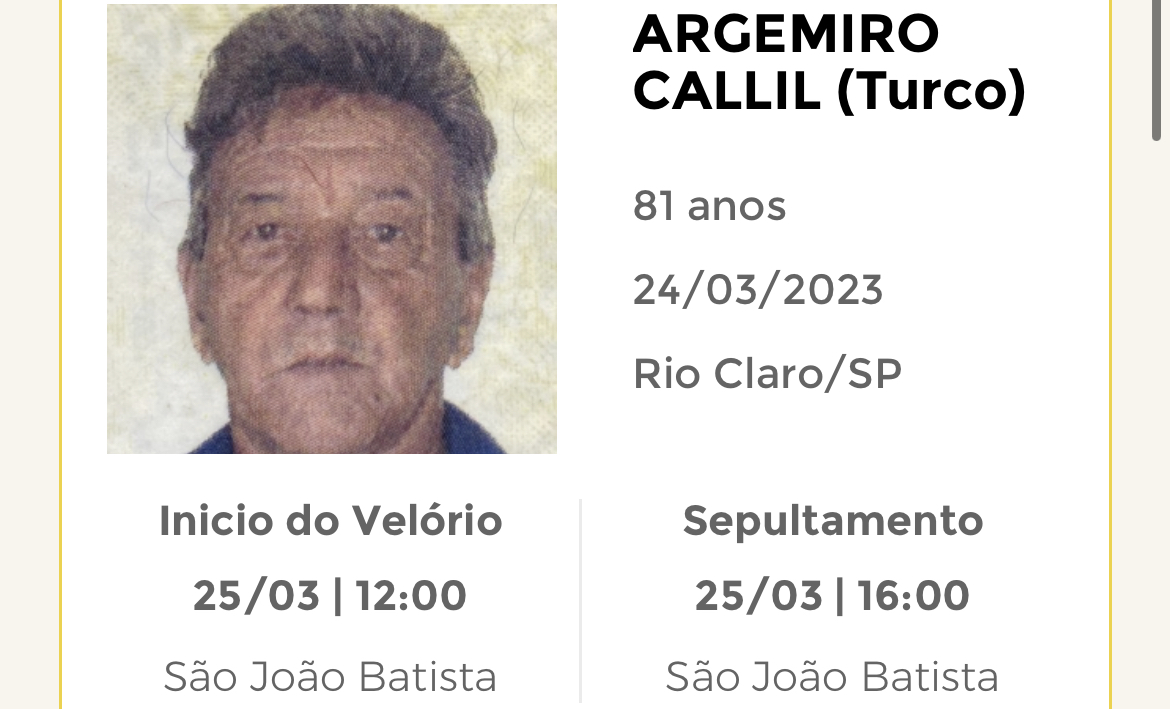 Falecimentos e Sepultamentos – 24/03/2023 – 25/03/2023 - Grupo Rio Claro SP