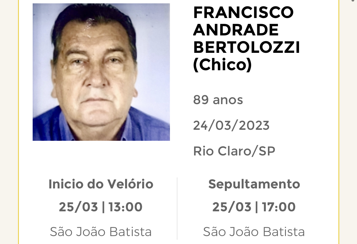 Falecimentos e Sepultamentos – 24/03/2023 – 25/03/2023 - Grupo Rio Claro SP