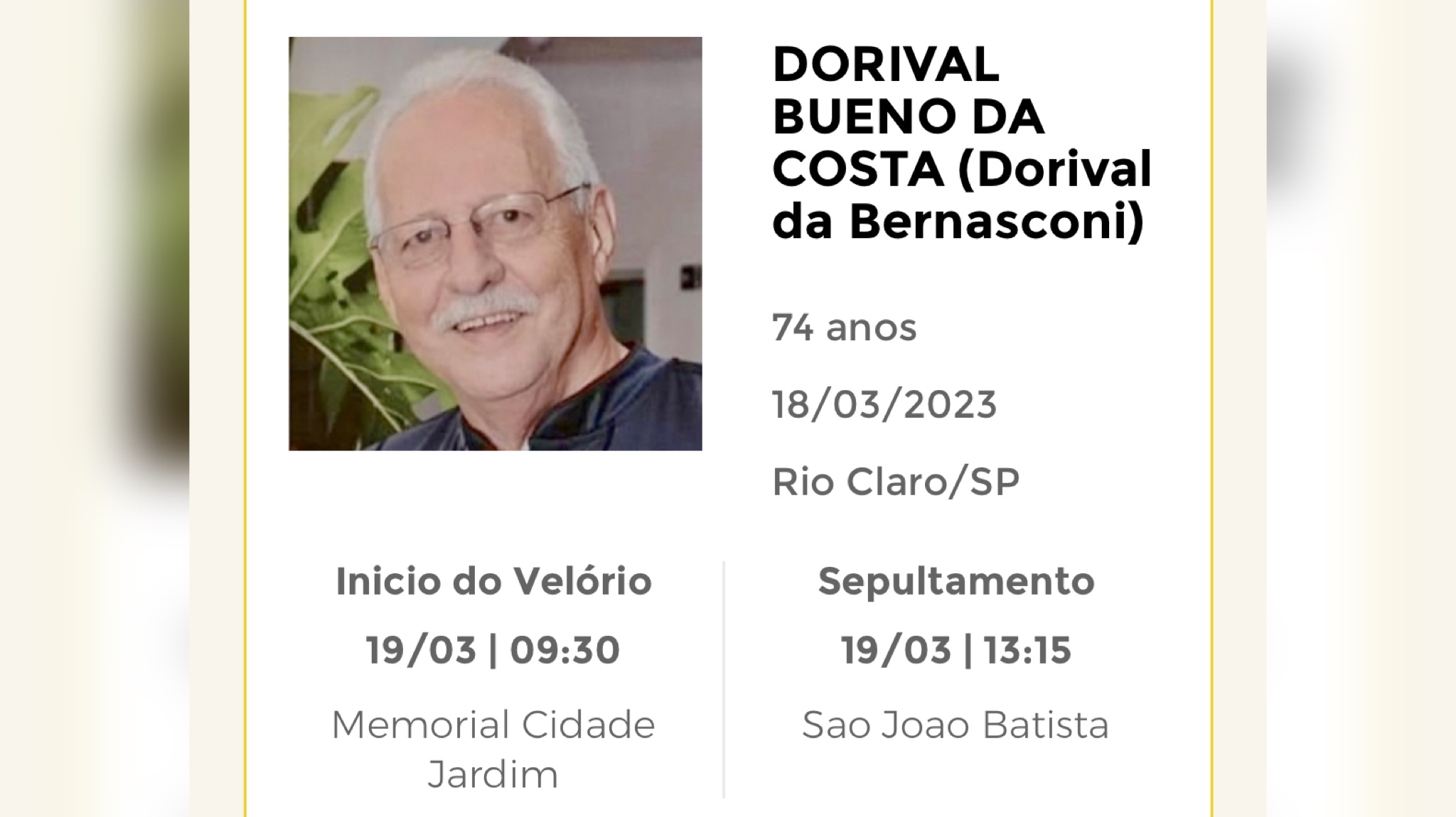 Falecimentos e Sepultamentos – 18/03/2023 – 19/03/2023 - Grupo Rio Claro SP