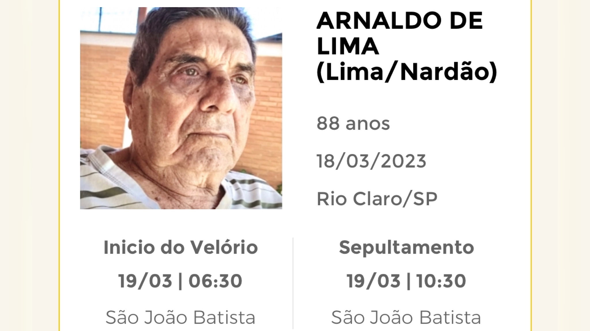 Falecimentos e Sepultamentos – 18/03/2023 – 19/03/2023 - Grupo Rio Claro SP
