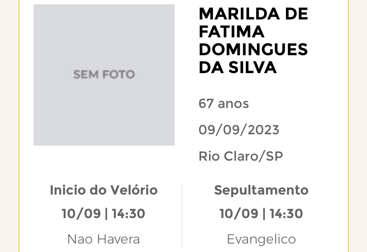 Falecimentos e Sepultamentos – 09/09/2023 – 10/09/2023 - Grupo Rio Claro SP