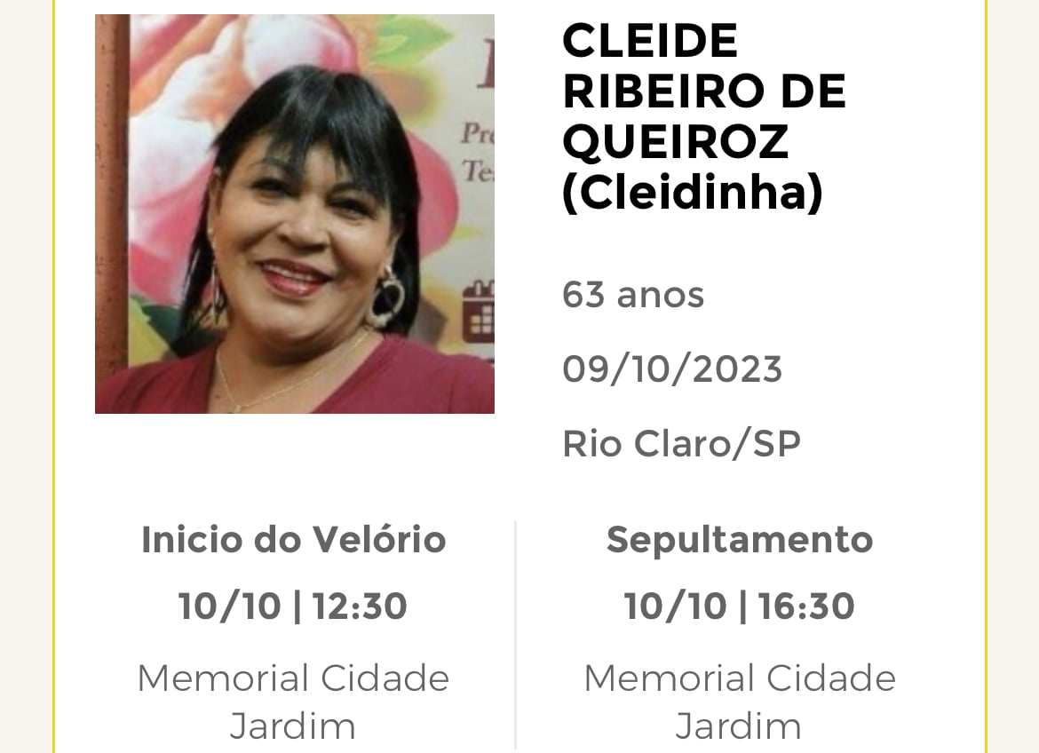Falecimentos e Sepultamentos – 09/10/2023 – 10/10/2023 - Grupo Rio Claro SP