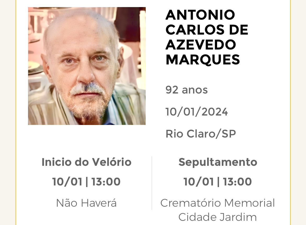 Falecimentos e Sepultamentos – 10/01/2024 – 11/01/2024 - Grupo Rio Claro SP