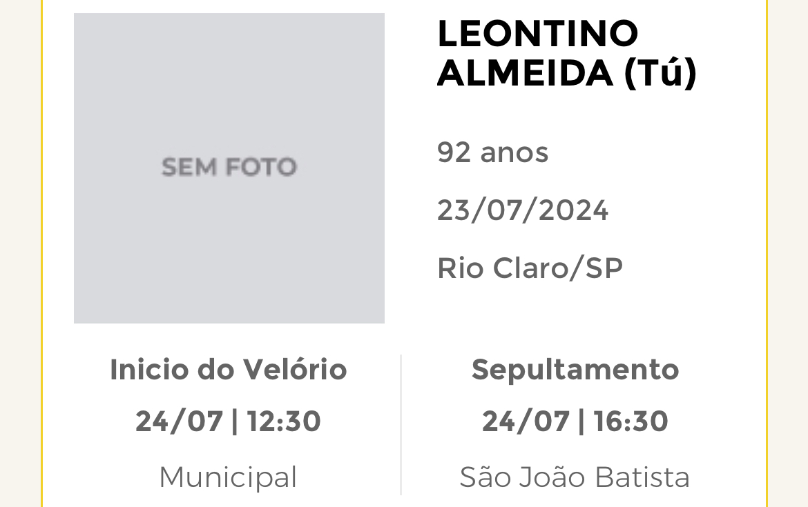 Falecimentos desta terça-feira 23/07/2024 - Grupo Rio Claro SP