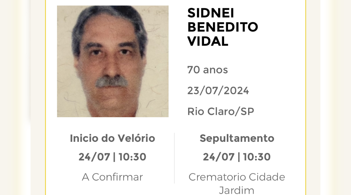 Falecimentos desta terça-feira 23/07/2024 - Grupo Rio Claro SP