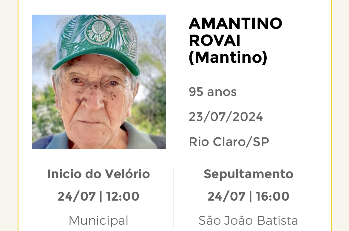 Falecimentos desta terça-feira 23/07/2024 - Grupo Rio Claro SP