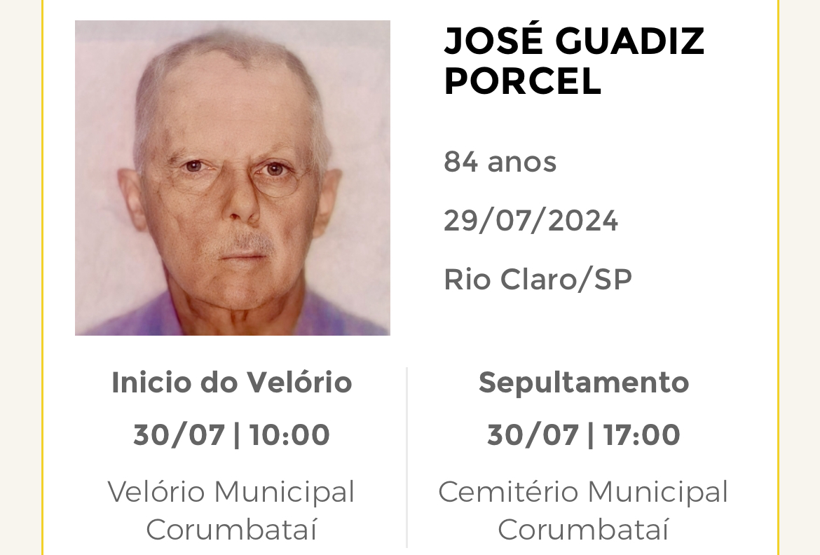 Falecimentos desta segunda-feira 29/07/2024 - Grupo Rio Claro SP