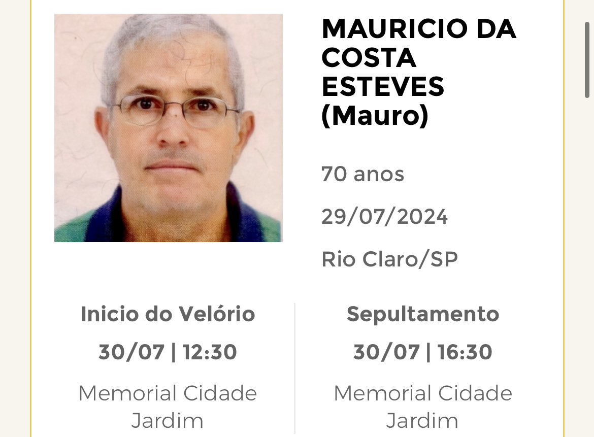 Falecimentos desta segunda-feira 29/07/2024 - Grupo Rio Claro SP