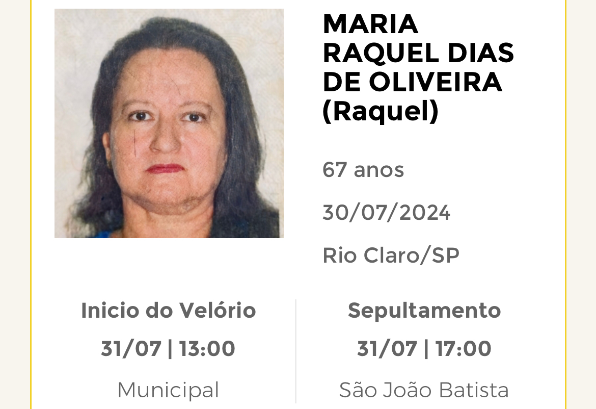Falecimentos desta terça-feira 30/07/2024 - Grupo Rio Claro SP