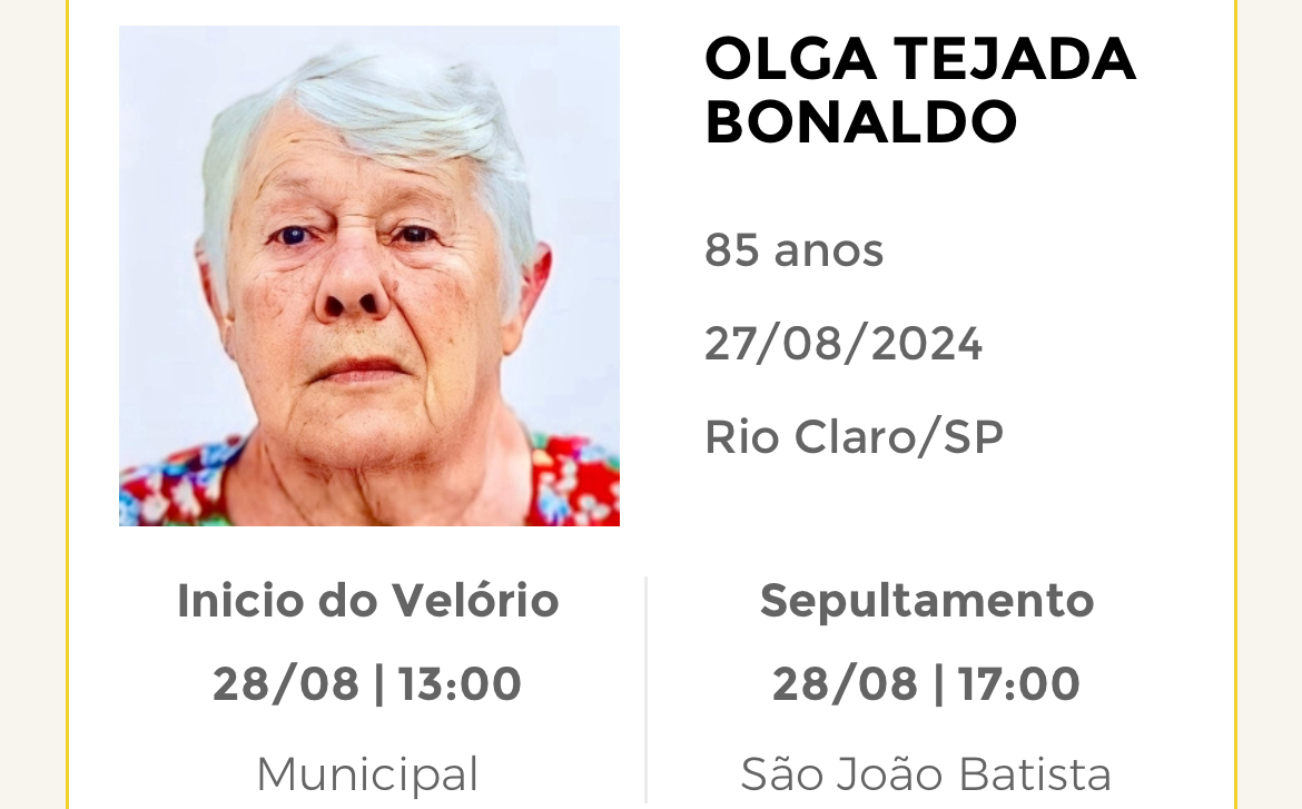 Falecimentos desta terça-feira 27/08/2024 - Grupo Rio Claro SP