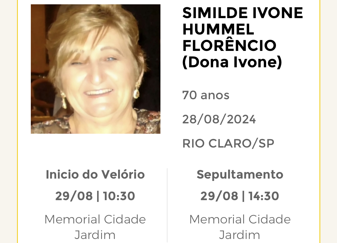 Falecimentos desta quarta-feira 28/08/2024 - Grupo Rio Claro SP
