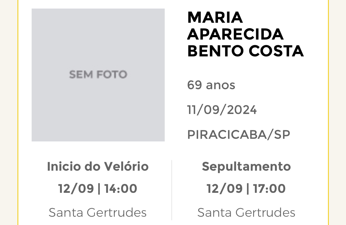 Falecimentos desta quarta-feira 11/09/2024 - Grupo Rio Claro SP