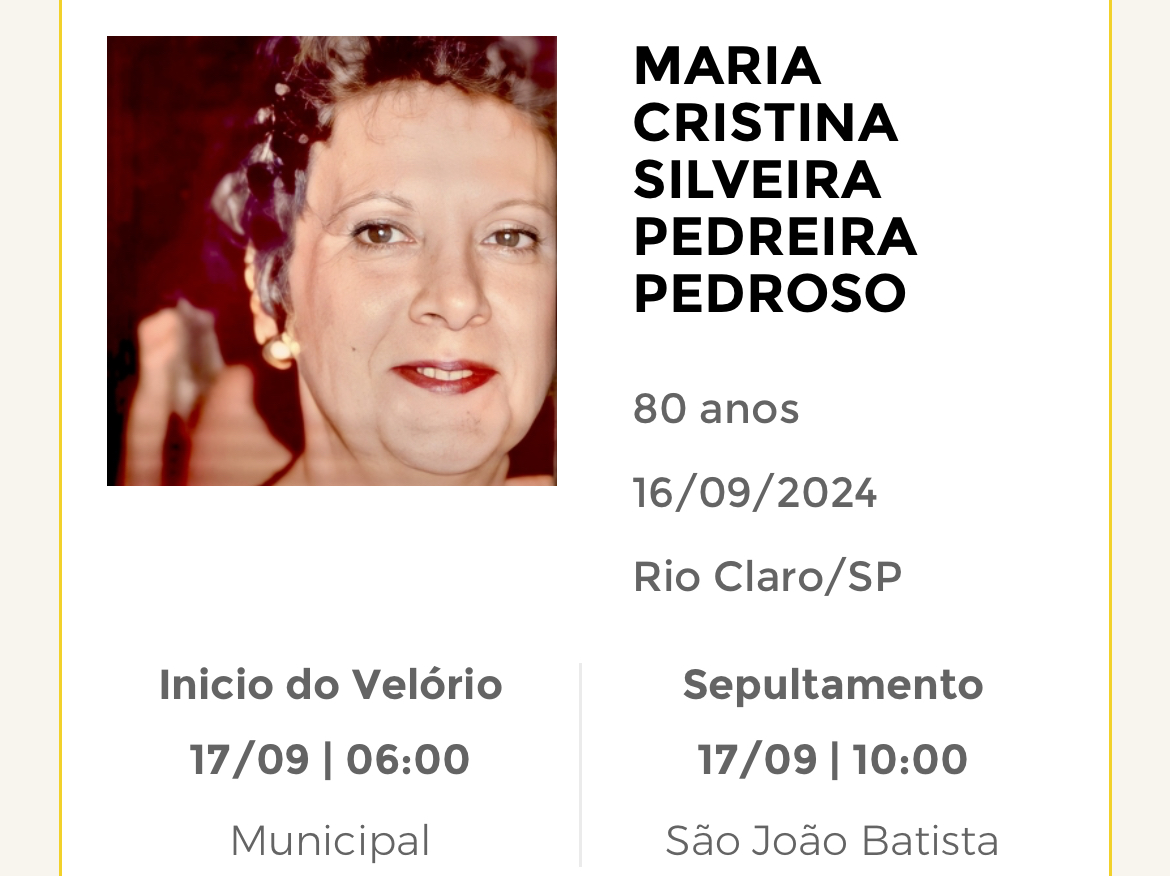 Falecimentos desta segunda-feira 16/09/2024 - Grupo Rio Claro SP