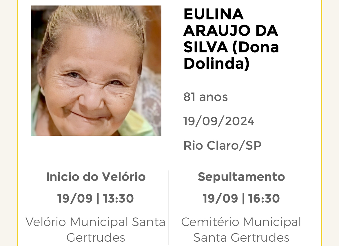 Falecimentos desta quinta-feira 19/09/2024 - Grupo Rio Claro SP