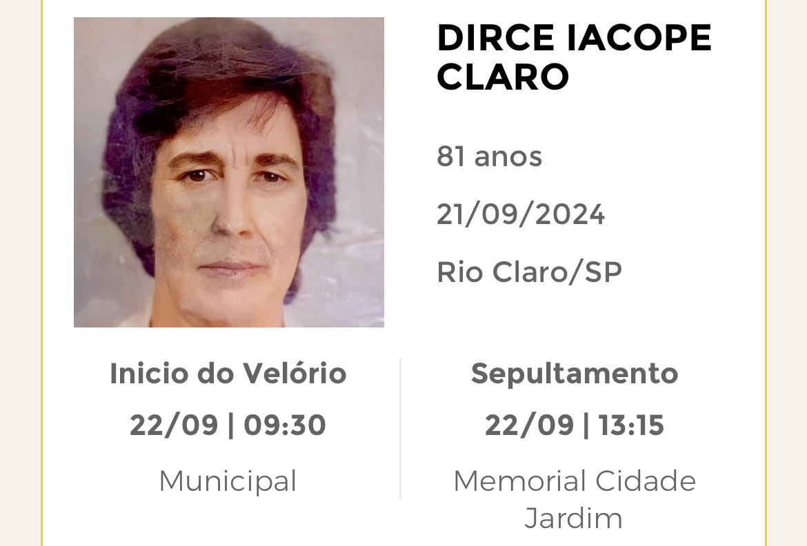 Falecimentos deste sábado 21/09/2024 - Grupo Rio Claro SP