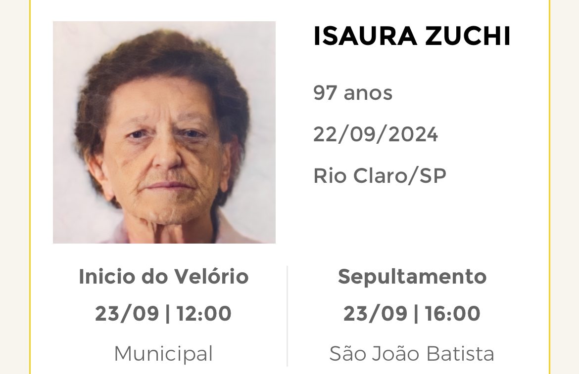 Falecimentos deste domingo 22/09/2024 - Grupo Rio Claro SP