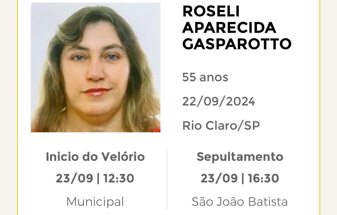 Falecimentos deste domingo 22/09/2024 - Grupo Rio Claro SP