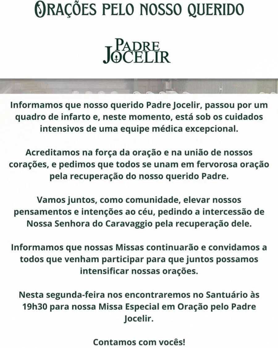 Comunicado à comunidade: oração pela recuperação do Padre Jocelir - Grupo Rio Claro SP