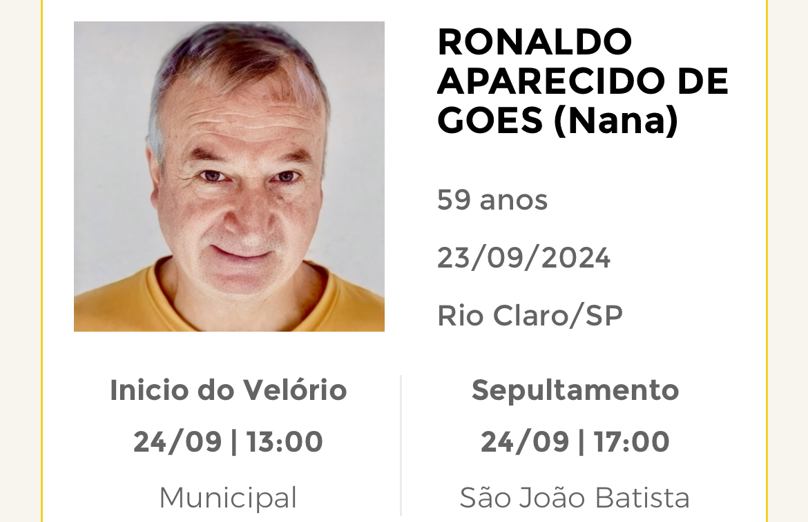 Falecimentos desta segunda-feira 23/09/2024 - Grupo Rio Claro SP