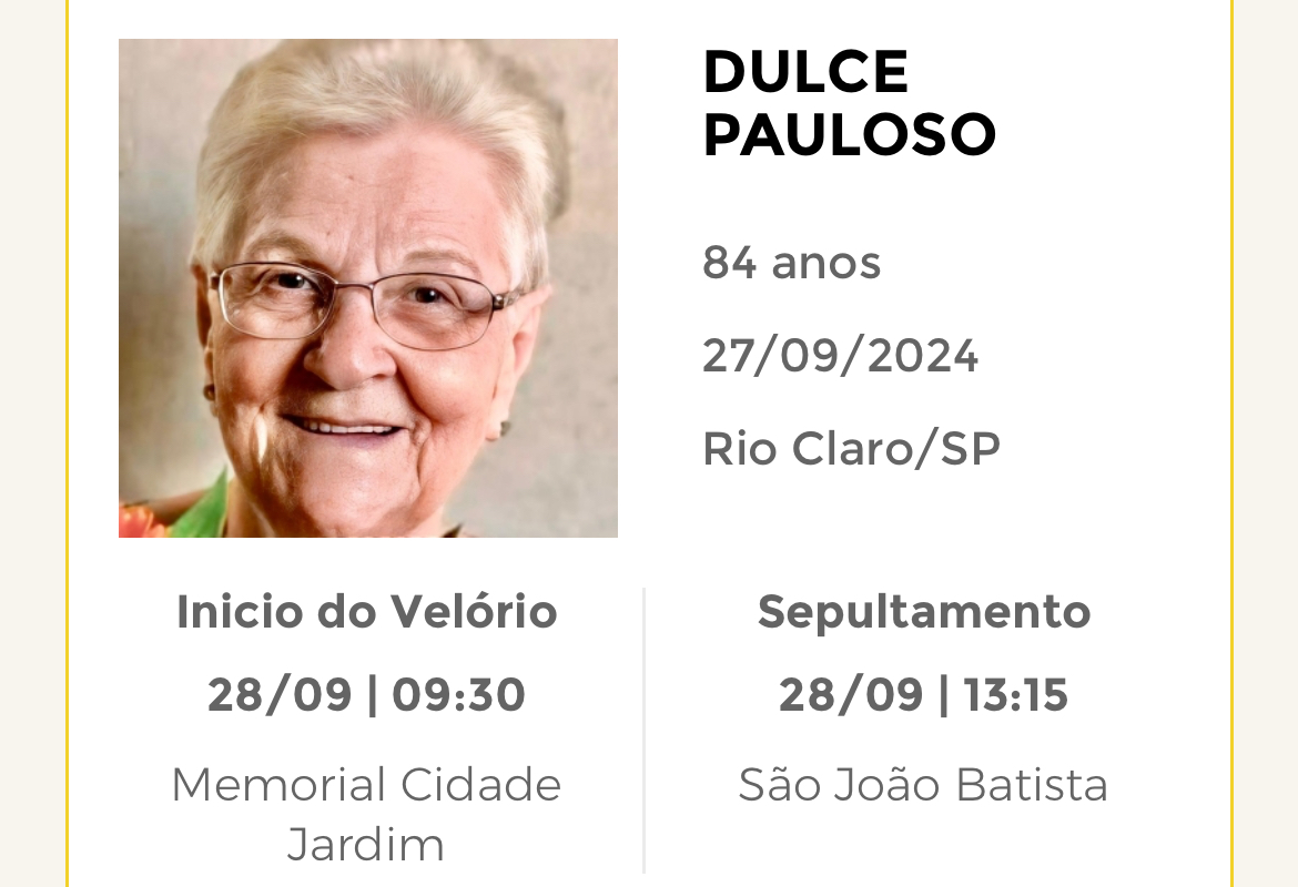 Falecimentos desta sexta-feira 27/09/2024 - Grupo Rio Claro SP