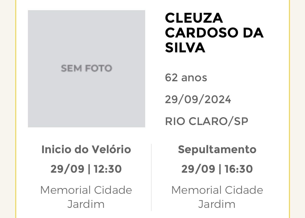 Falecimentos deste sábado (28) e domingo 29/09/2024 - Grupo Rio Claro SP
