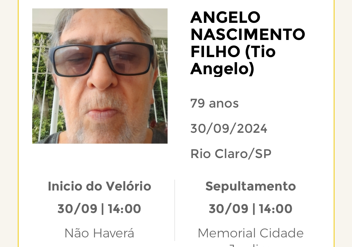 Falecimentos desta segunda-feira 30/09/2024 - Grupo Rio Claro SP