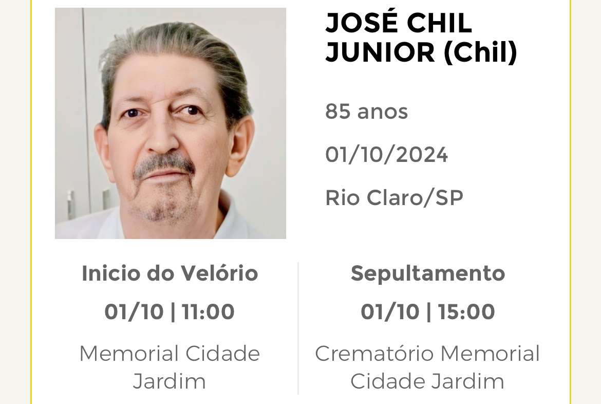 Falecimentos desta terça-feira 01/10/2024 - Grupo Rio Claro SP