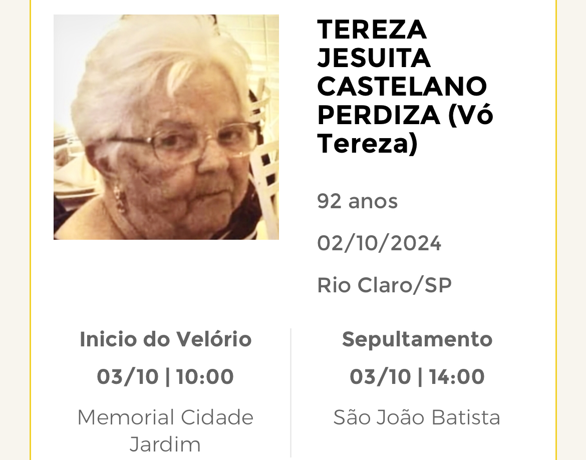 Falecimentos desta quarta-feira 02/10/2024 - Grupo Rio Claro SP