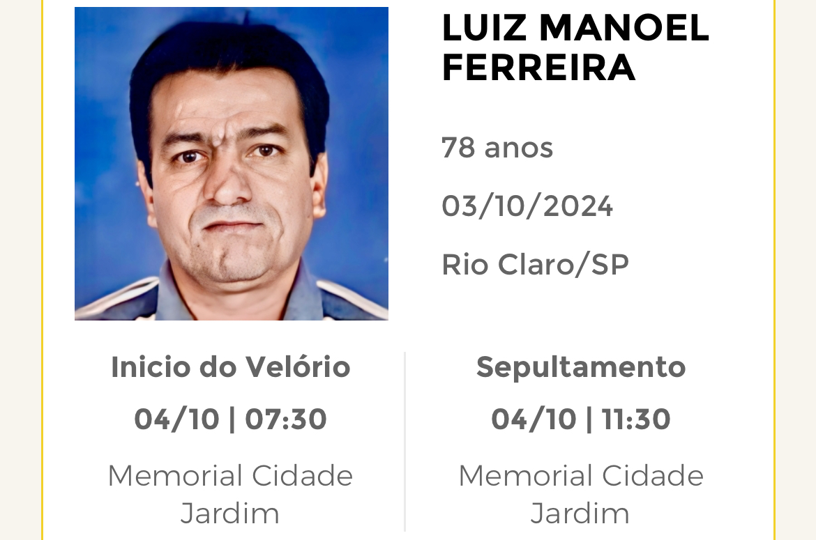Falecimentos desta quinta-feira 03/10/2024 - Grupo Rio Claro SP