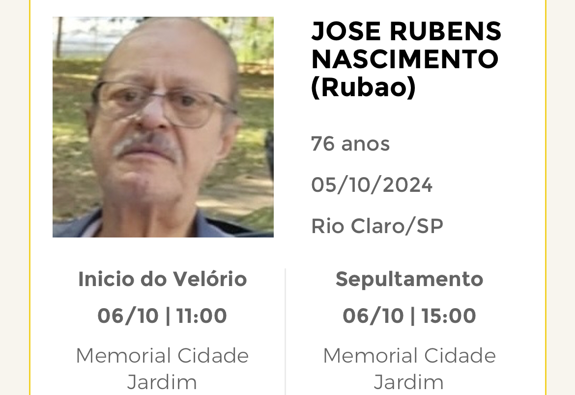 Falecimentos deste sábado 05/10/2024 - Grupo Rio Claro SP