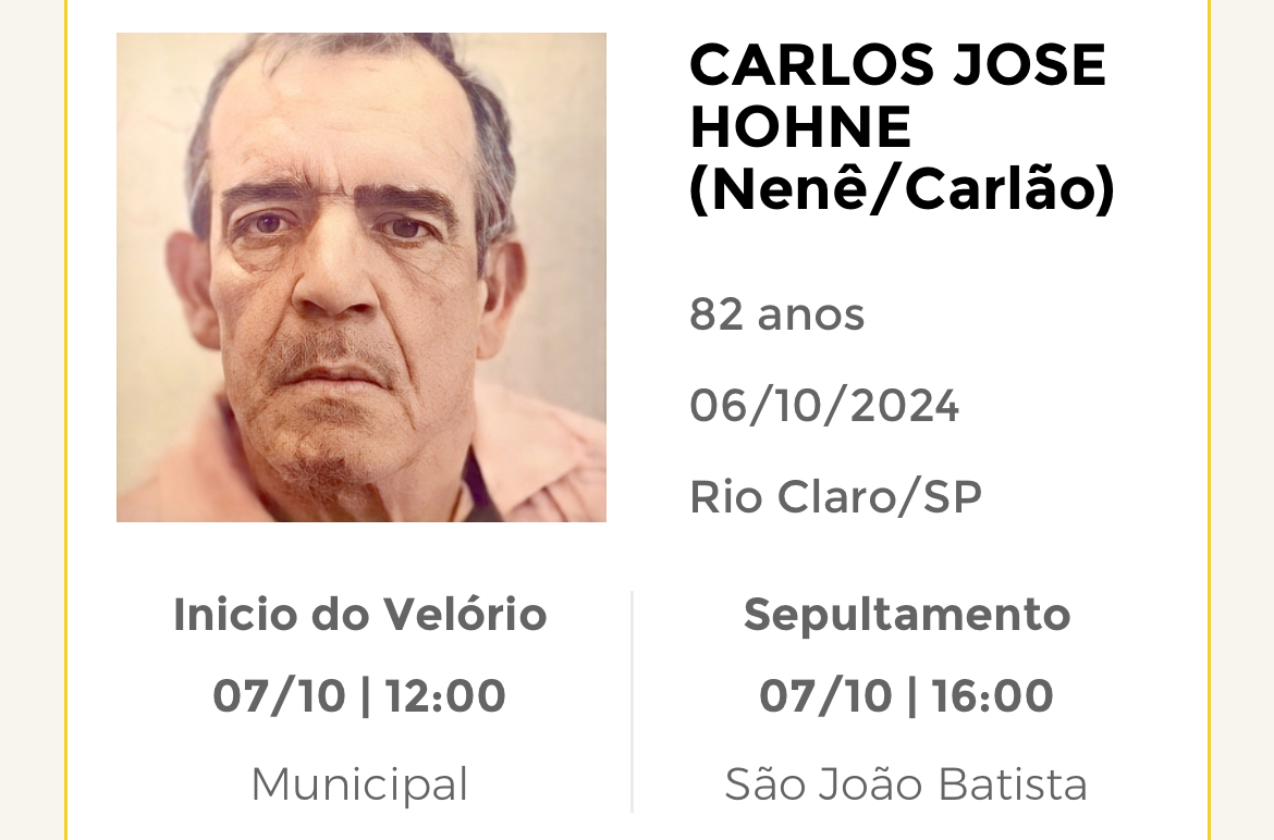 Falecimentos deste domingo 06/10/2024 - Grupo Rio Claro SP