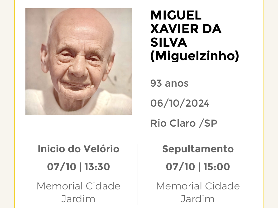 Falecimentos deste domingo 06/10/2024 - Grupo Rio Claro SP