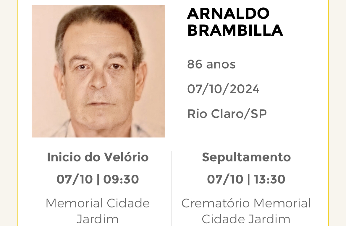 Falecimentos desta segunda-feira 07/10/2024 - Grupo Rio Claro SP