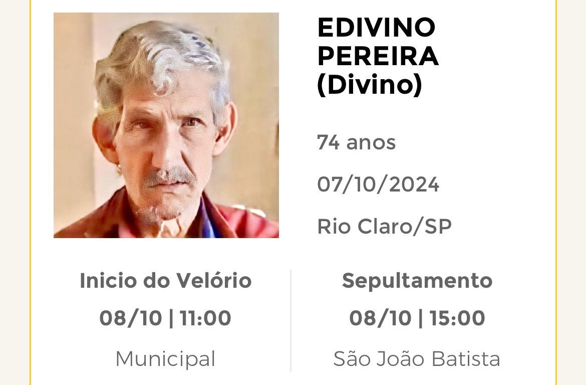 Falecimentos desta segunda-feira 07/10/2024 - Grupo Rio Claro SP