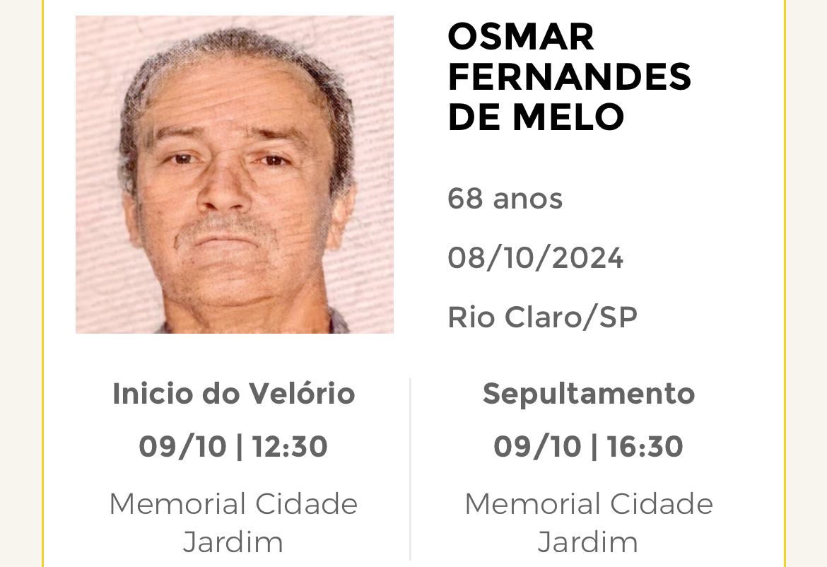 Falecimentos desta terça-feira 08/10/2024 - Grupo Rio Claro SP