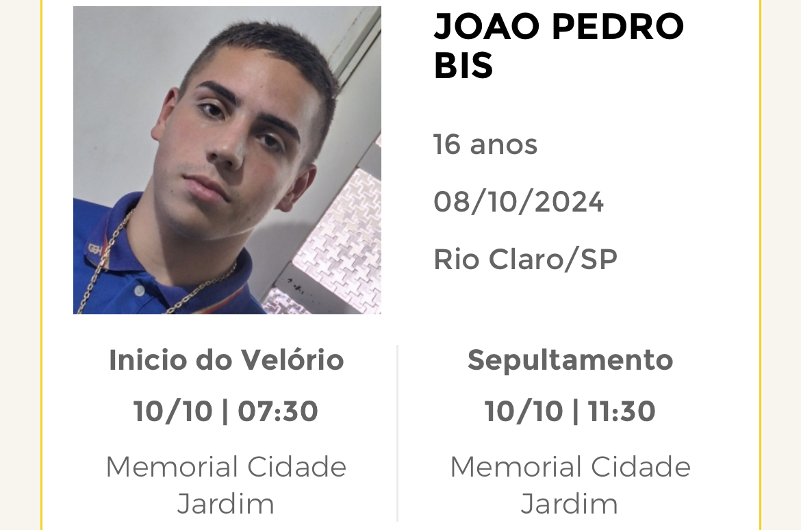 Falecimentos desta terça-feira 08/10/2024 - Grupo Rio Claro SP