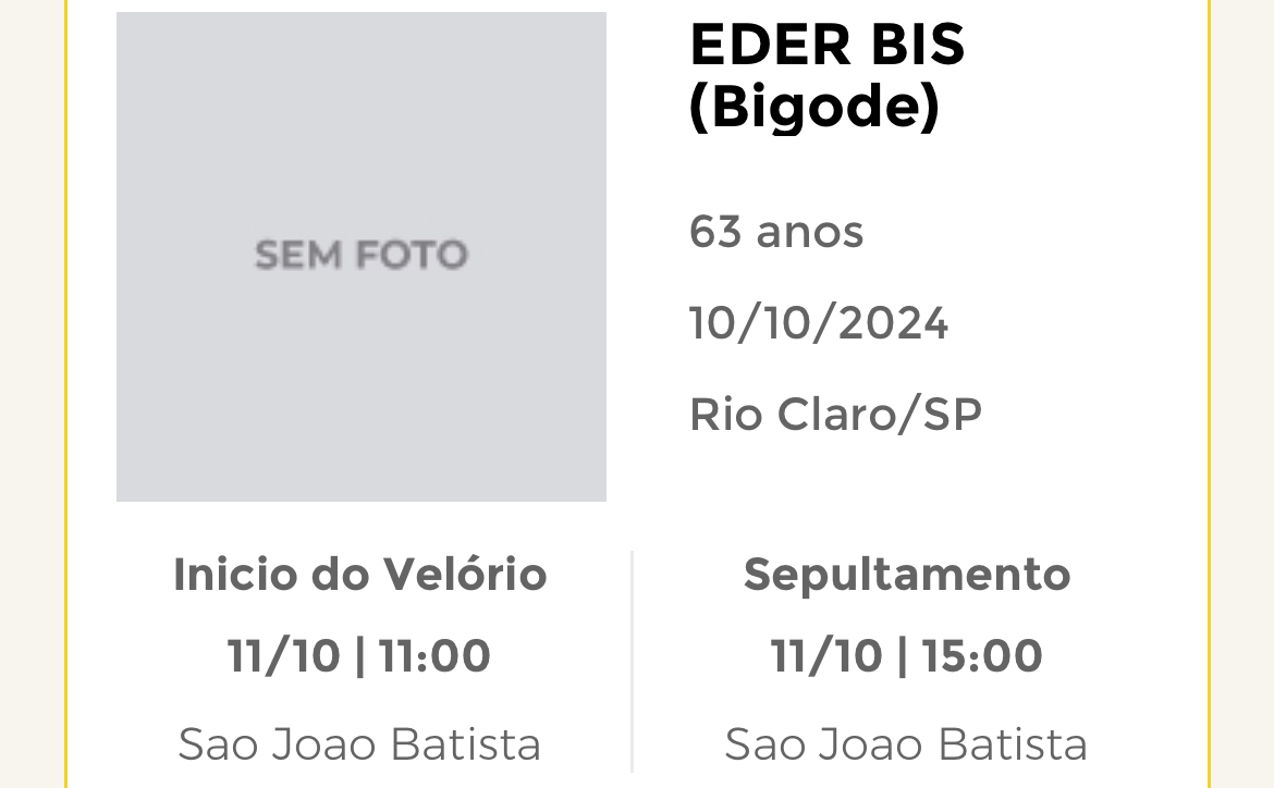 Falecimentos desta quinta-feira 10/10/2024 - Grupo Rio Claro SP