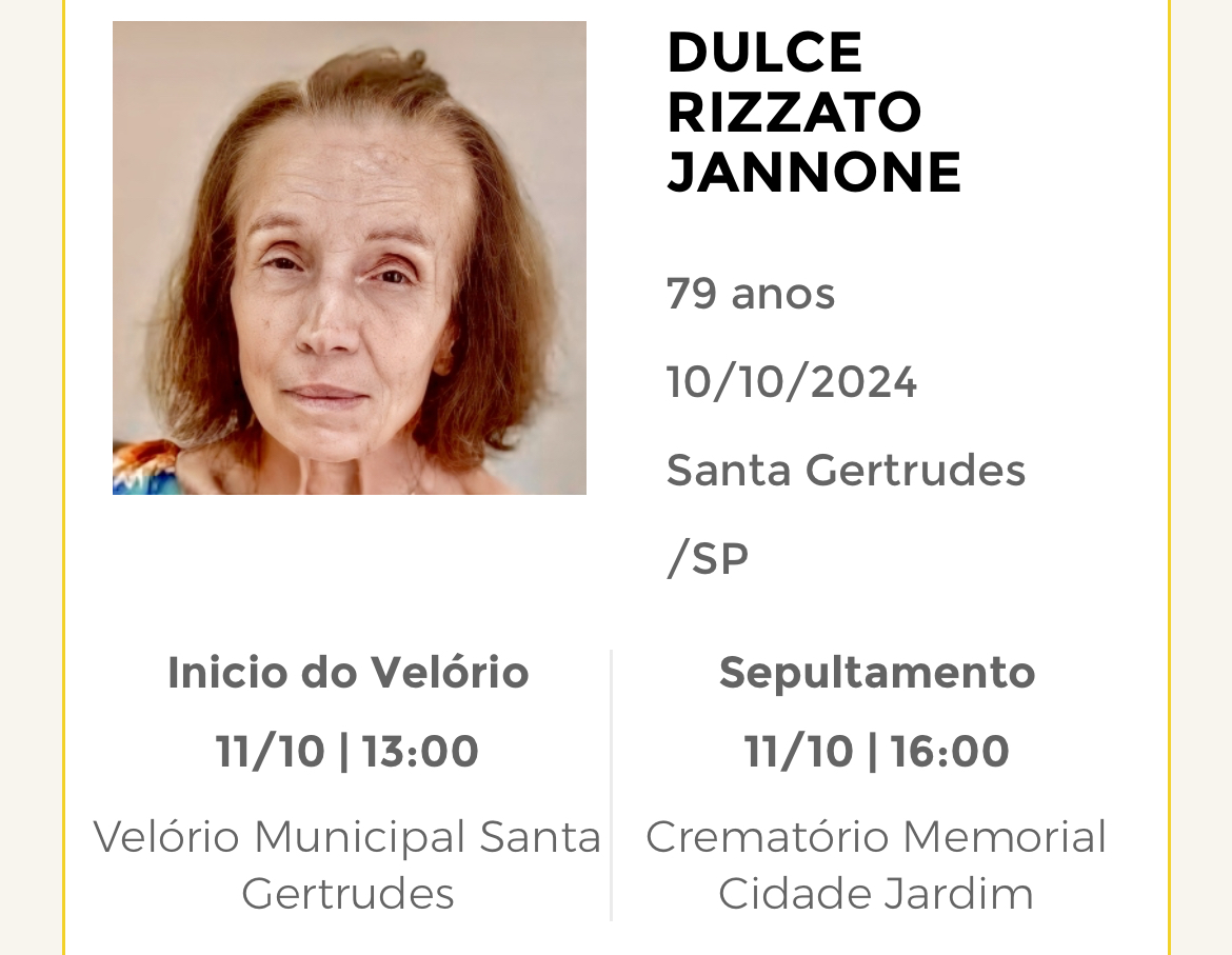 Falecimentos desta quinta-feira 10/10/2024 - Grupo Rio Claro SP