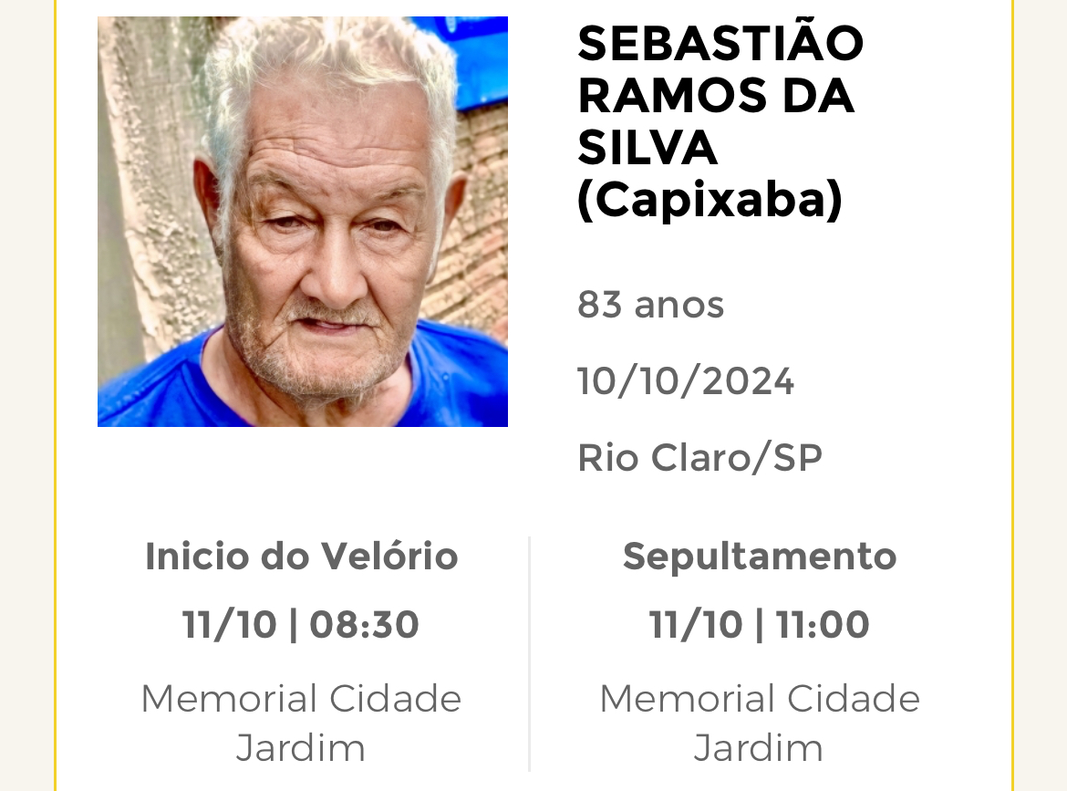 Falecimentos desta quinta-feira 10/10/2024 - Grupo Rio Claro SP