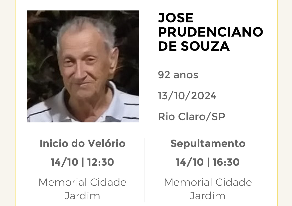 Falecimentos deste domingo 13/10/2024 - Grupo Rio Claro SP