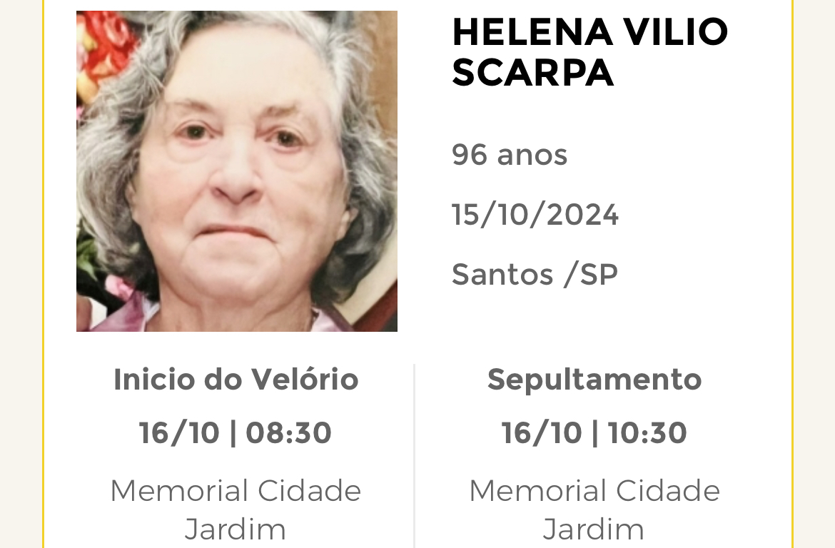 Falecimentos desta terça-feira 15/10/2024 - Grupo Rio Claro SP